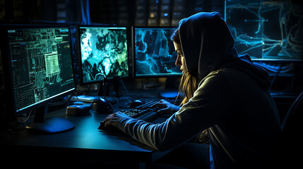 Female hacker working in a computer - shot from behind, blue colors. Hacking, hacker, girl. 