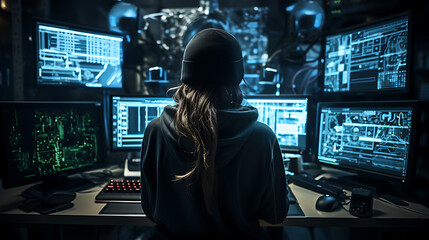 Female hacker working in a computer - shot from behind, blue colors. Hacking, hacker, girl. 