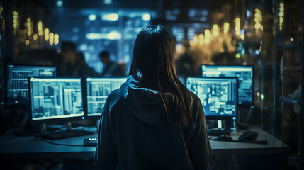 Female hacker working in a computer - shot from behind, blue colors. Hacking, hacker, girl.  - obrazy, fototapety, plakaty