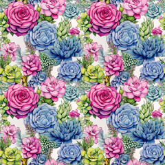 seamless pattern of colorful bright pink blue and green succulents