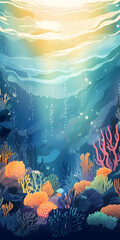 Fototapeta na wymiar 日の光が差し込むカラフルなサンゴ礁の水彩イラスト