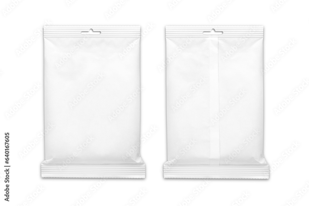 Poster plastic pocket white bag front and back view with a hanger top. mock up template for your packaging 
