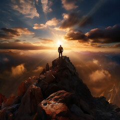 Triumphant Man Standing on Cliff Pinnacle Bathed in Setting Sun's Golden Hues.