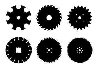 Circular saw blade. Silhouette of metal disc for woodwork. Round carpentry tool icons. Industrial rotary wheels.Vector