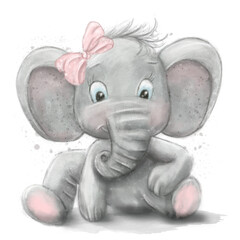 A cute baby elephant girl, a watercolor illustration digital drawing, with textures and splashes to make it unique and interesting. Ideal for baby shower, baby invitations and printing.