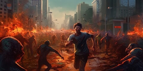 Man runing away from zombies, burning city in background, illustration, digital painting - obrazy, fototapety, plakaty