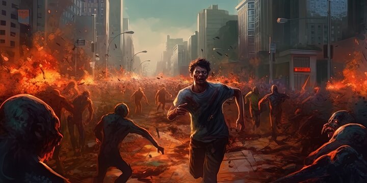 Man runing away from zombies, burning city in background, illustration, digital painting
