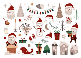 Merry Christmas clipart with cute santa, snowman, christmas tree, winter houses, gifts, new year elements. Cozy Christmas clip art in flat style.