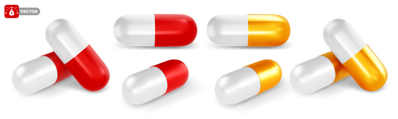 Red white and golden white medical capsule pill. 3d realistic, pharmaceutical capsule set, front and perspective view, isolated. Vector illustration