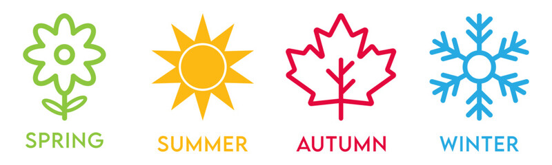 Four seasons winter spring summer autumn signs in flat style on transparent background.