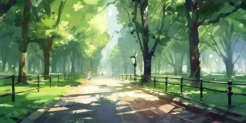 Printed kitchen splashbacks Watercolor painting skyscraper Walkway in green park with sunlight, illustration painting