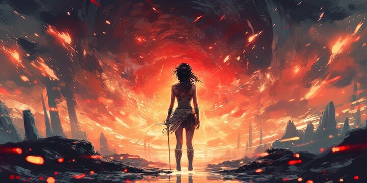 Warrior woman standing on the ground of fire watching the spirits float up in the sky, digital art style, illustration painting