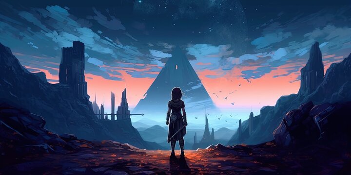 Woman with sword standing on hill looking at the sacred stones against the background of the night sky, digital art style, illustration painting