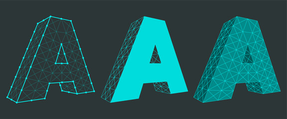 Wireframe low poly 3d geometric letter A in Retro futuristic, cyberpunk, psychedelic, technology or sci-fi style. Consists triangle polygons. Perspective view. Vector illustration