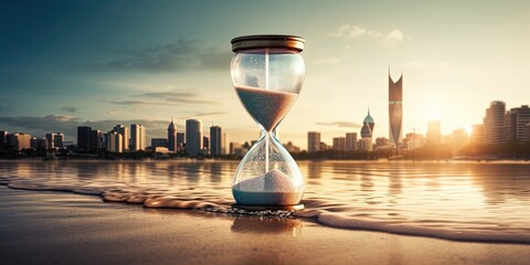 An hourglass sitting on a beach with a city in the background