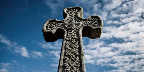 Black granite stone cross against blue sky at cemetery