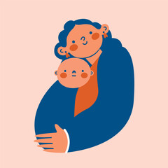 Mother hugs her child. Mom with nurseling on arms. Cute simple illustration in flat modern style. Motherhood, childhood, family relationship concept. Vector clip art for sticker, card, logo, banner. - obrazy, fototapety, plakaty