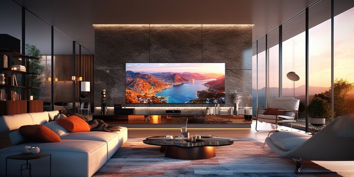 Big Tv In A Living Room. Elegant Living Room With Big Tv Screen. Generative AI.