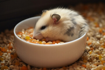 a hamster sleeping in a food bowl