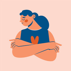 Woman hugging herself. Take care of yourself. Selfcare, body positive, love yourself concept. Cute young girl with crossed arms in flat simple modern style. Vector clip art for sticker, card, banner.