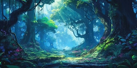 Fantasy landscape illustration in the forest, anime style - obrazy, fototapety, plakaty