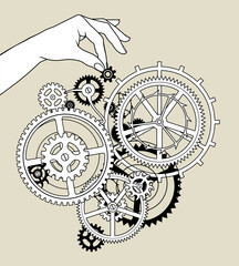 Female hand holding a gear in the fingers and gear wheels of clockwork. Drawn sketch of gears mechanism. Vintage engraving stylized drawing. Vector illustration.