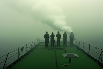 Group of people standing on boat in the fog.