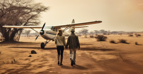 Couple wearing safari outfits and hat, walking to small airplane waiting on African savanna near. View from behind. Generative AI
