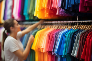 A shopping scene of a young woman choosing a colorful T-shirt from a store. Lifestyle concept for shopping and holidays.