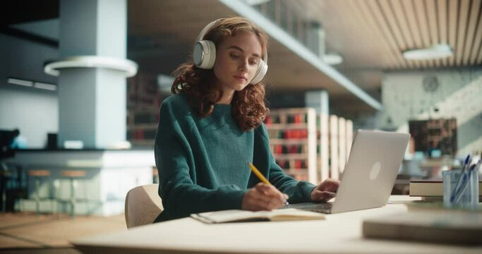 Young Female Professional Working in a Technology Company. Woman Taking University Lessons After Work, Studying in Campus Library. Talented Girl Using Laptop and Listening to Music on Headphones