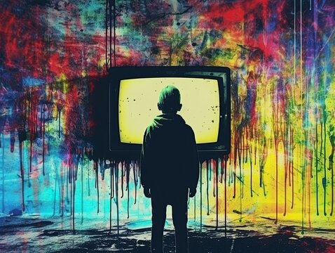 Child Standing In Front Of 80s Retro Tv. Artwork Poster Design. Generative Ai Illustration