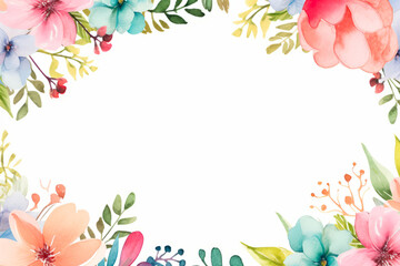 Watercolor floral frame with white background and blue and pink flower.