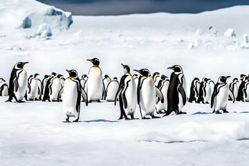 Amidst a pristine landscape of ice and snow, a playful group of penguins waddle and slide, their comical antics bringing warmth and joy to the cold surroundings