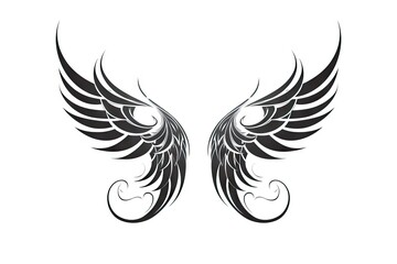 Fototapeta premium Heavenly soar. Black angelic winged on white background isolated. Eagle flight. Emblem of power and majesty. Skyward bound. Symbolic feathers in art