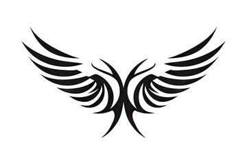 Obraz premium Heavenly soar. Black angelic winged on white background isolated. Eagle flight. Emblem of power and majesty. Skyward bound. Symbolic feathers in art