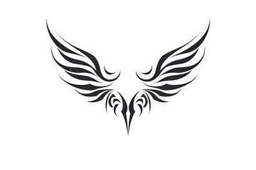 Obraz premium Heavenly soar. Black angelic winged on white background isolated. Eagle flight. Emblem of power and majesty. Skyward bound. Symbolic feathers in art