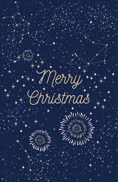 Christmas greeting card. Zodiac constellations and fireworks on the night sky background