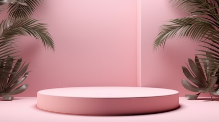 Obraz premium Podium in abstract soft pink room composition for product presentation with tree jungle, Generative AI