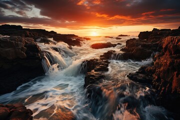 Naklejka premium Sunset's Whisper: Capturing the Serenity of Dusk as it Cascades over Small Waterfalls