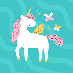 cute unicorn with pink hair and tail and soft yellow wings and corn. A few butterflies.