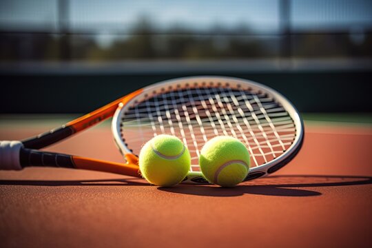 Racket and tennis balls on the court. Generative Ai
