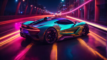 Obraz premium Futuristic Luxury Car On Neon Highway. Powerful acceleration of a premium car with colorful lights