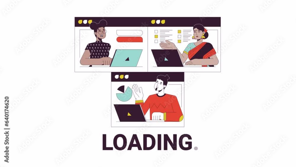 Poster online group meeting line 2d loading animation. virtual team videoconference animated cartoon linear