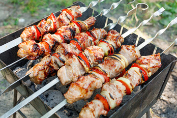 Cooking barbecue with vegetables on skewers. Roasted meat on the grill