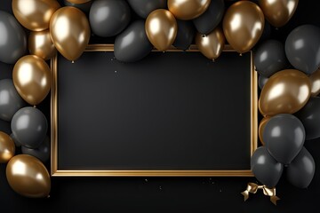 Festive celebration design. Joyful extravaganza. Vibrant holiday party card. Sparkling cheers. Glittering greetings. Gold and black ball with golden frame