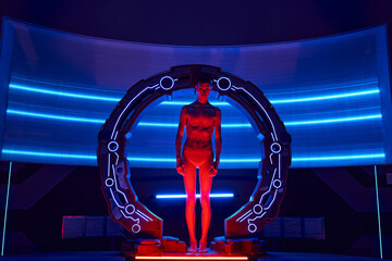 scientific invention, otherworldly humanoid in neon-lit device in futuristic lab, full length