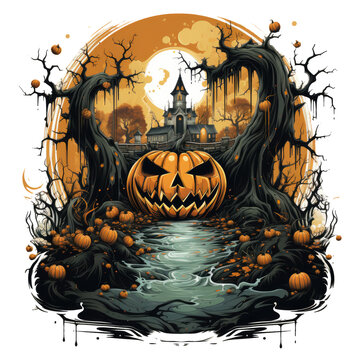 A retro Halloween pumpkin t-shirt design, inspired by 1950s horror movies, featuring a spooky pumpkin in a dark alley, Generative Ai