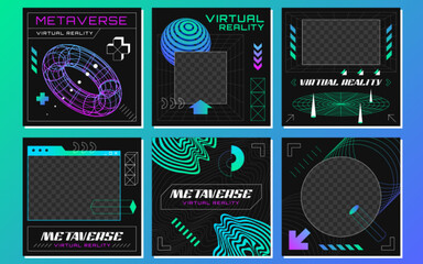 Retrofuturistic posts with abstract 3d wireframes geometry objects from line grid. Geometric shapes silhouette in vaporwave style. Design figures in perspective view. Vector outline illustration set