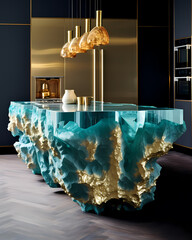 Ocean kitchen island with gold details,