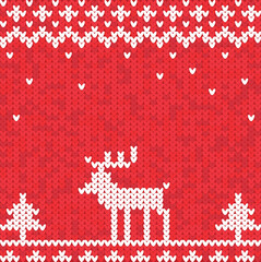 Fototapeta na wymiar Knitted pattern with deer and Christmas trees on a red background